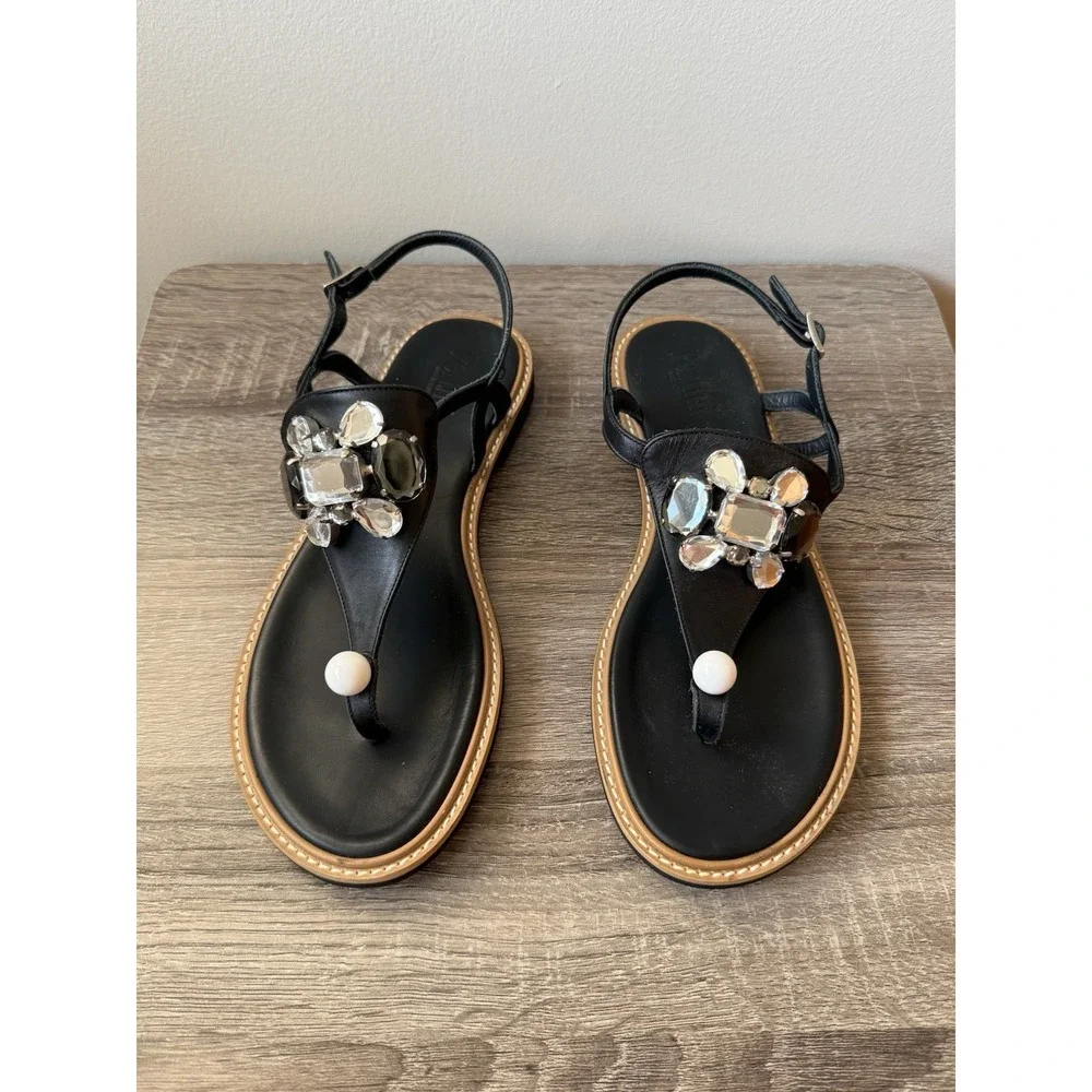 Pertini Black Jeweled Leather thong sandals ankle buckle Women's Sz 8 Made Spain
